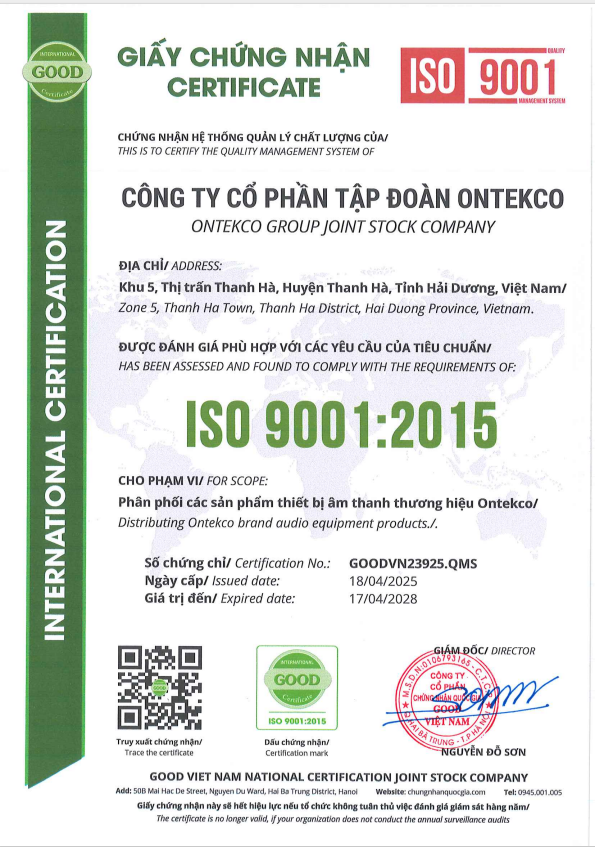 ONTEKCO và Hệ Thống Phân Phối Âm Thanh Đạt Chuẩn ISO 9001: Khẳng Định Uy Tín Trên Thị Trường Việt Nam 2 iso ontekco